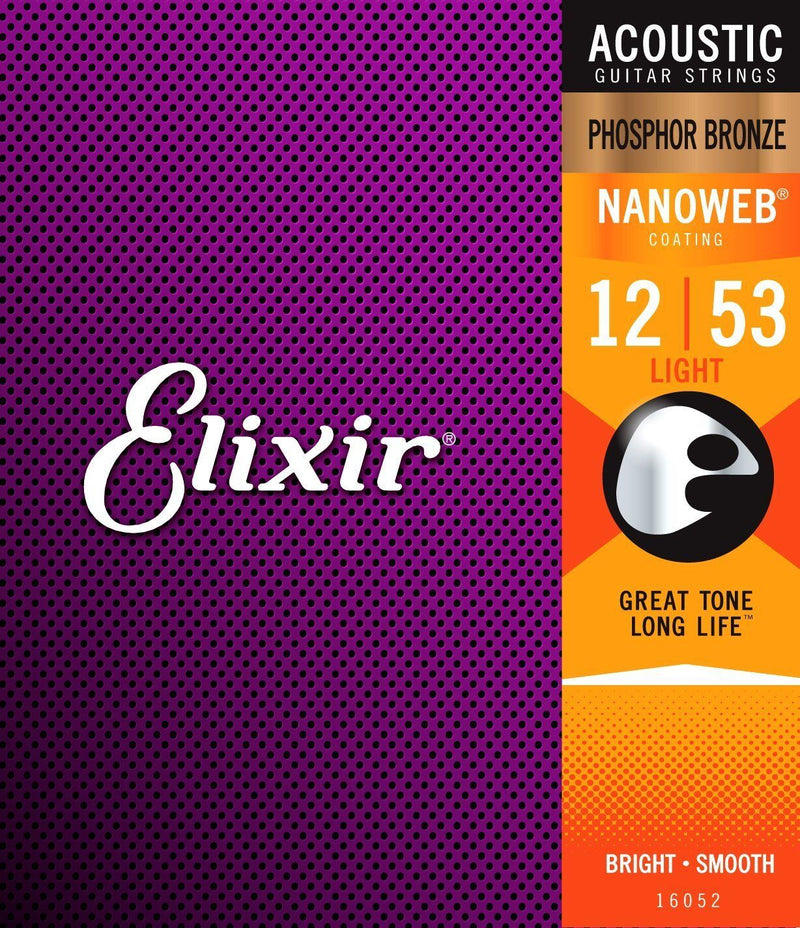 Elixir 16052 Nanoweb Phosphor Bronze Acoustic Guitar Strings .012-.053 Light