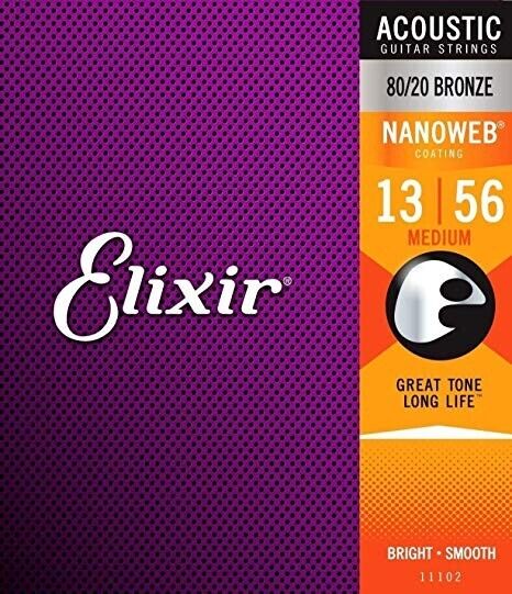 Elixir 11102 Nanoweb 80/20 Bronze Acoustic Guitar Strings  .013-.056 Medium