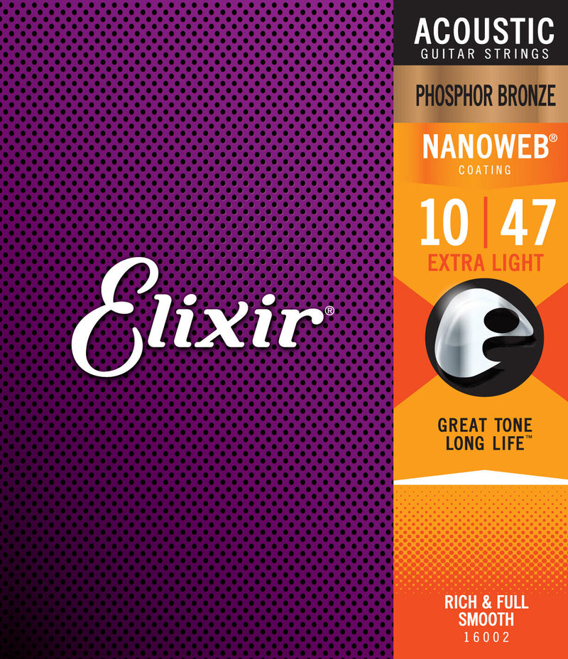 Elixir 16002 Nanoweb Phosphor Bronze Acoustic Guitar Strings .010-.047 Ex Light