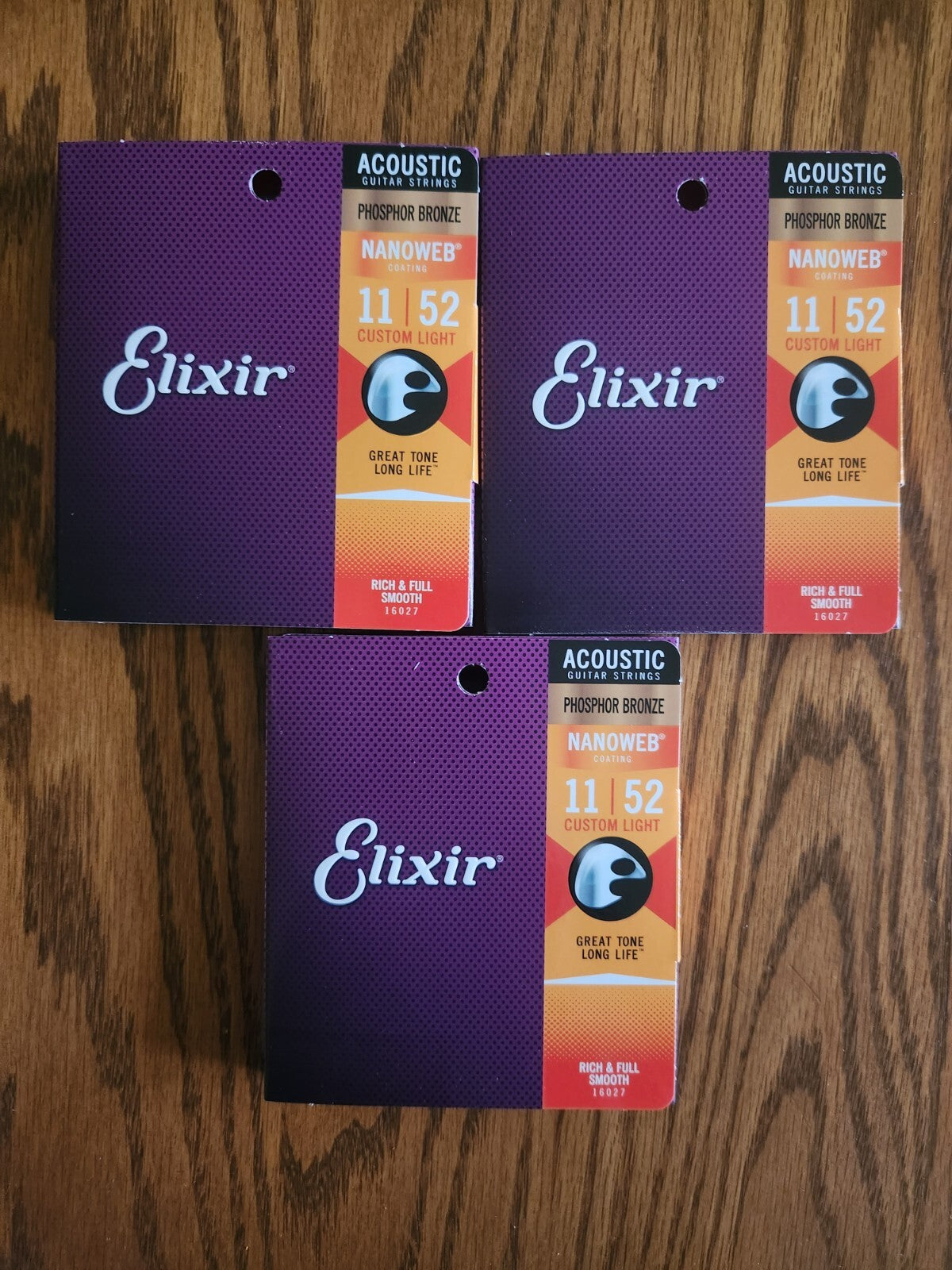3 SETS Elixir 16027 Nanoweb Phosphor Bronze Guitar Strings 11-52 Custo