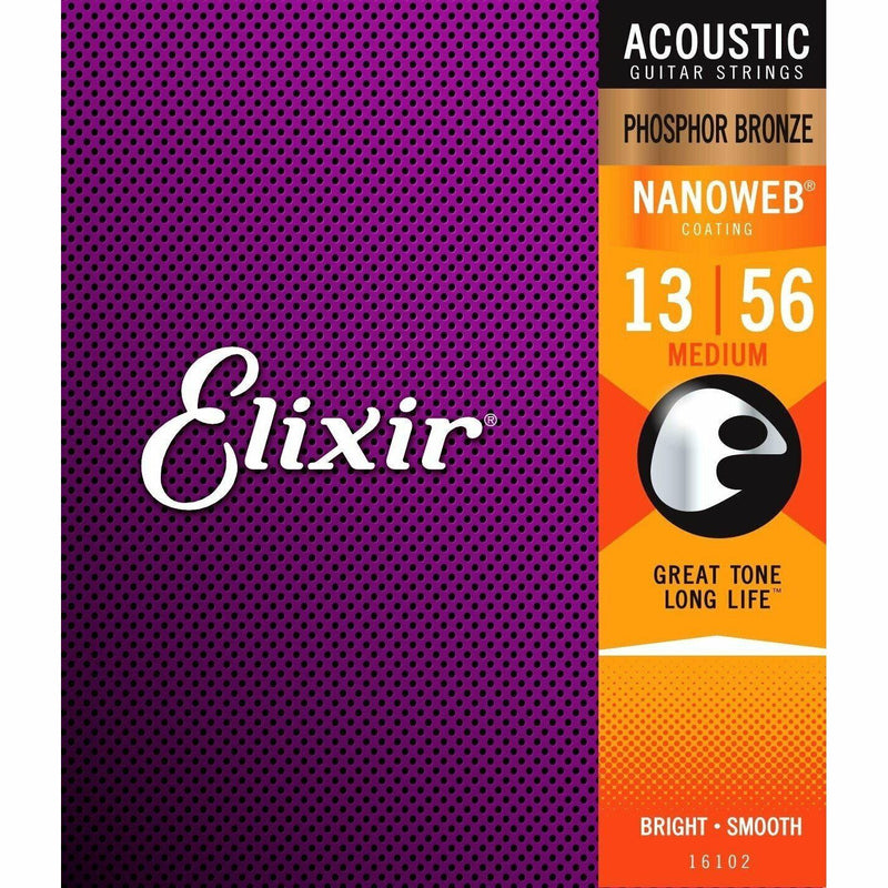 Elixir 16102 Nanoweb Phosphor Bronze Acoustic Guitar Strings .013-.056 Medium