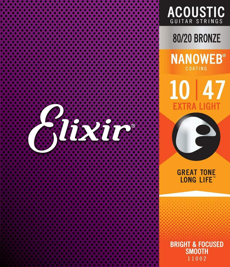 Elixir 11002 Nanoweb 80/20 Bronze Acoustic Guitar Strings .010-.047 Extra Light