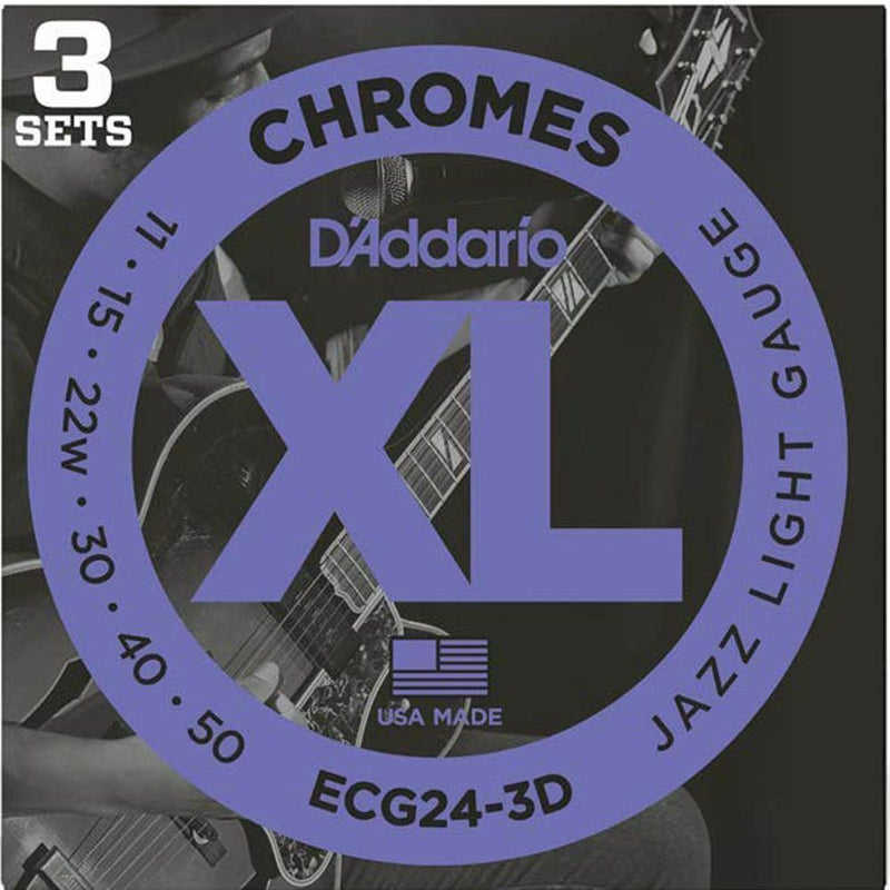 D'Addario 3 Pack Chromes Flat Wound Electric Guitar Strings ECG24-3D Jazz Light