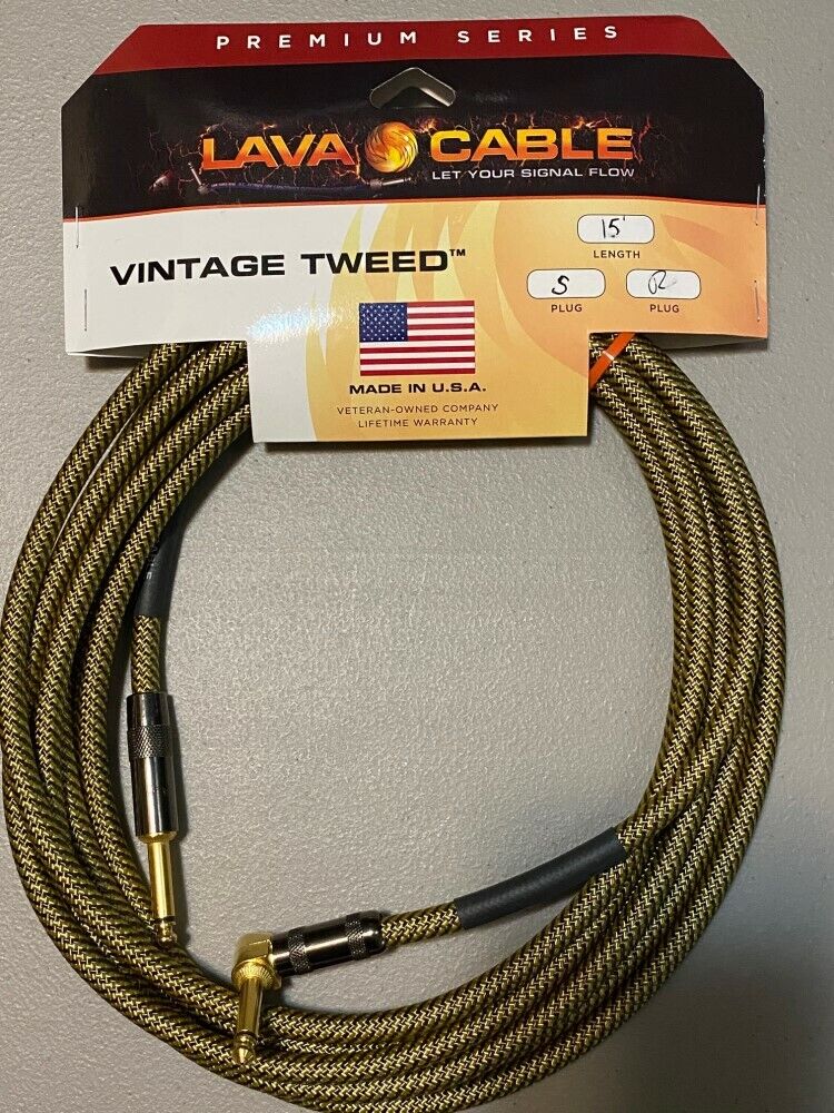Lava Cable Vintage Tweed Instrument Cable 15' Right Angle to Straight