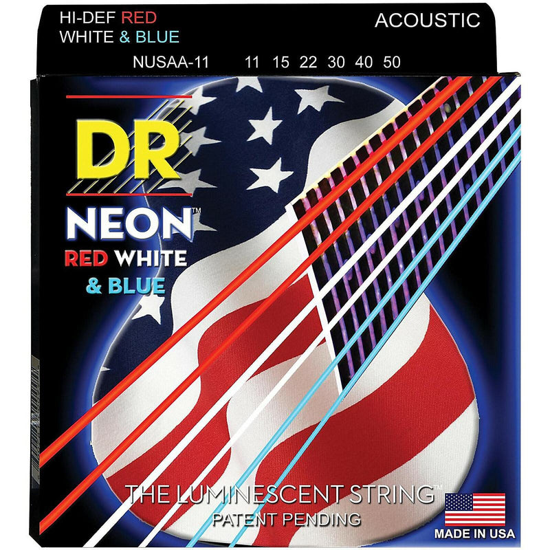 DR Acoustic Guitar Strings Neon Red, White, and Blue Custom Light 11-50 NUSAA-11