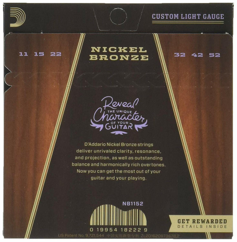 D'Addario Nickel Bronze Custom Light Acoustic Guitar Strings 11-52