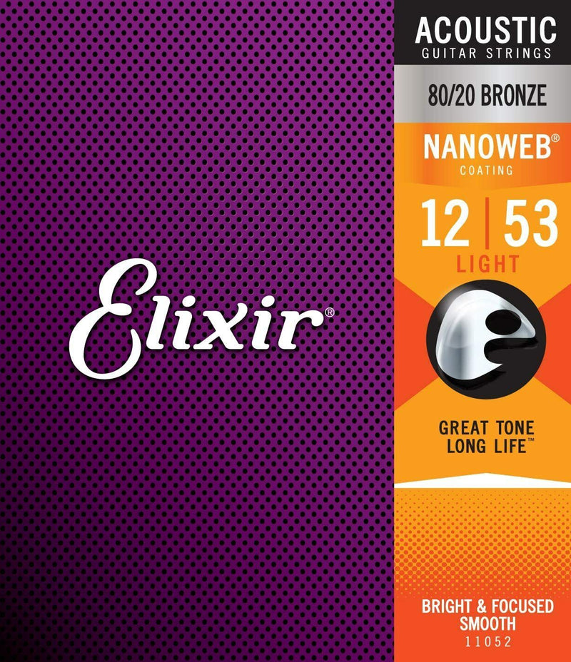 Elixir 11052 Nanoweb 80/20 Bronze Acoustic Guitar Strings .012-.053 Light