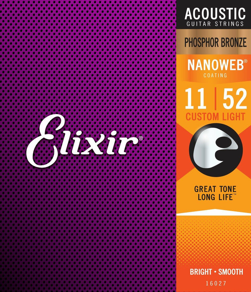 Elixir 16027 Nanoweb Phosphor Bronze Acoustic Guitar Strings .011-.052 Custom Lt